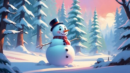 Fototapeta premium Cartoon illustration of Christmas snowman standing in the winter forest surrounded by trees 