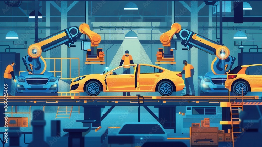Poster A dynamic image depicting a car assembly line with robots and workers assembling cars. Generative AI