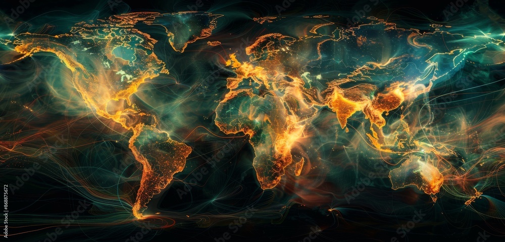 Poster digital world map with glowing continents and interconnected lines