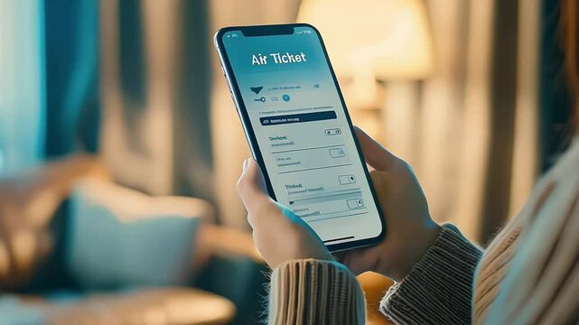 woman hands hold phone with air ticket application on screen