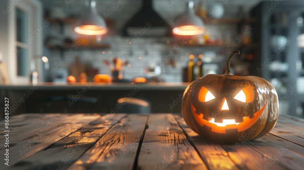 Wall mural halloween pumpkin on wooden table with blurry kitchen background