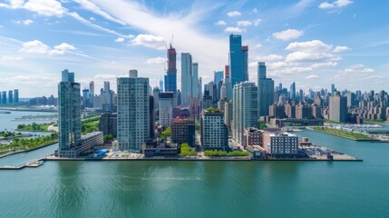 Naklejka premium A breathtaking view of a modern city skyline featuring contemporary skyscrapers and a peaceful waterfront, showcasing architectural marvels and bustling urban life.
