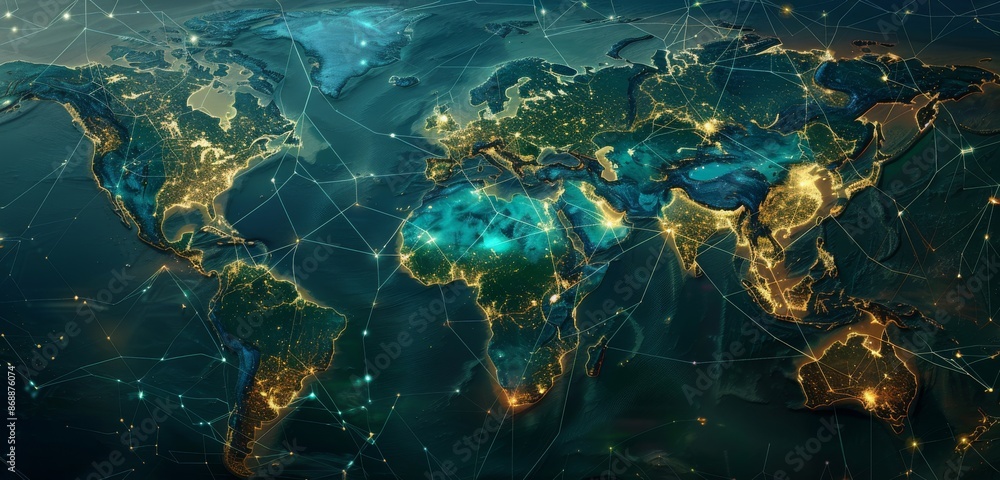 Poster digital world map with glowing continents and interconnected lines
