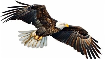 Obraz premium This image captures a Bald Eagle in flight, showcasing its impressive wingspan and elegant aerial maneuvers, making it a symbol of power and freedom in the avian world.