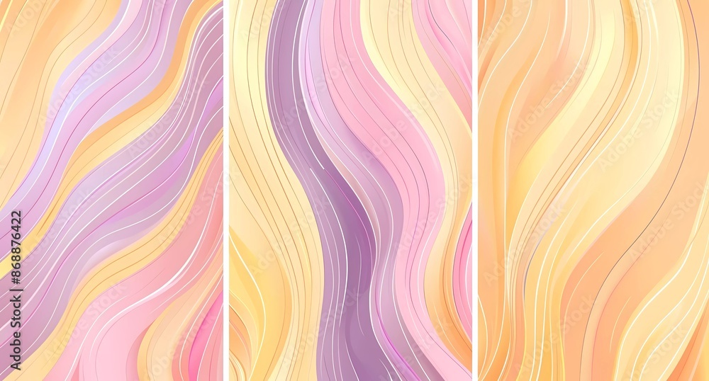 Poster set of three vector abstract retro groovy background designs in pastel yellow, pink and purple color