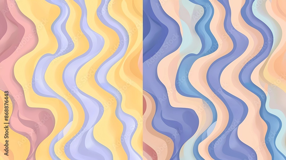 Poster set of two simple flat vector pattern in the style of wavy lines, soft pastel color palette, yellow 