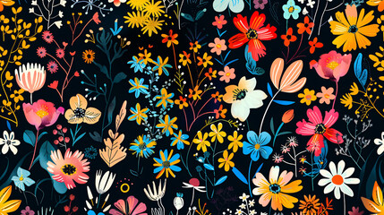 Obraz premium Abstract Colorful Floral Pattern on Black Background, Flat Vector Art