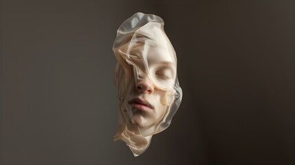 3D illustration, modern art, portrait of a person with closed eyes floating in the air on a dark brown background. Surreal, face covered with fabric or cellophane, soft pastel colors, pale skin.