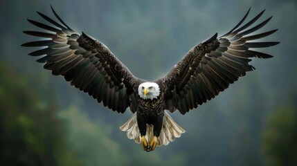 Obraz premium A majestic bald eagle soaring through the sky with wings fully extended, showcasing the strength and grace of this iconic bird of prey, symbolizing freedom.