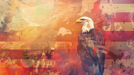 An eagle stands majestically before an abstract rendition of the American flag, blending vibrant colors and painterly elements. This vibrant piece resonates with power and freedom.