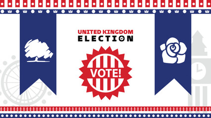 UK election banner with symbols of major political parties. Vote in general election in united kingdom. Political debate between conservative party, labour party and liberal democrats.