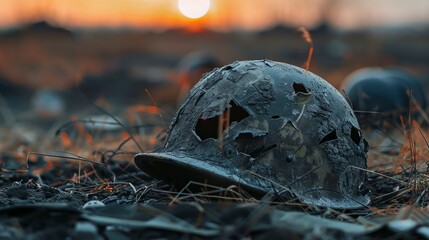 Obraz premium Military helmet on scorched grass with blurred background