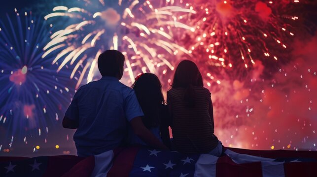 A family sits together wrapped in an American flag, watching colorful fireworks light up the night sky. This image reflects patriotism, unity, and celebration.