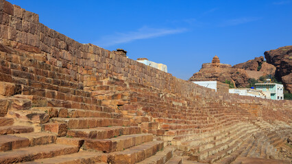 Obraz premium Historic runes against blue sky in Badami, Karnataka, India