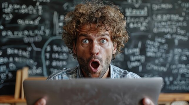 A man stands against the background of blackboard, he is surprised and shocked with mouth closed looking at camera