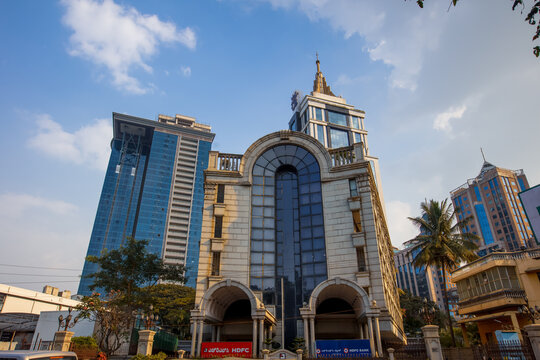 View of architecture of UB City building complex in Bangalore, India. includes shopping mall with iconic skyscrapers.