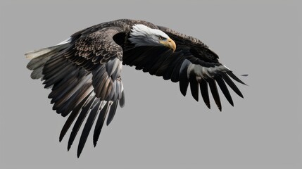 Fototapeta premium A majestic bald eagle spreads its wings in full flight against a plain gray background, showcasing its powerful and graceful form as it soars through the air.