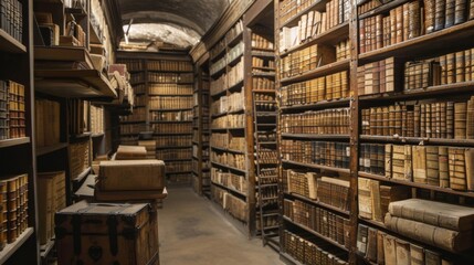An aisle in an old library filled with books on wooden bookshelves, featuring a serene and scholarly ambiance perfect for research, study, and literary exploration.