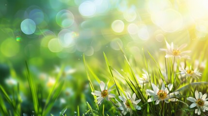 Sunlit meadow with white daisies and green grass in the foreground and a dreamy, soft-focus bokeh effect in the background, creating a serene and peaceful scene.