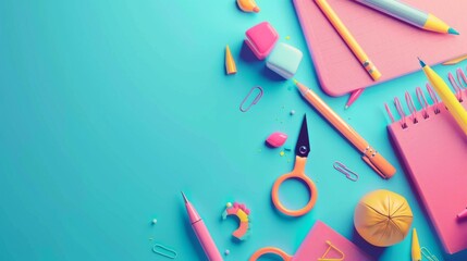 An abstract art workspace featuring vibrant tools and materials on a bright blue background, representing creativity and artistic expression in a contemporary and imaginative setting.