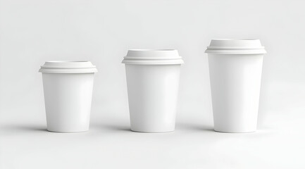 Three blank white disposable coffee cups in different sizes isolated on a plain background. Concept of coffee and takeaway beverages.