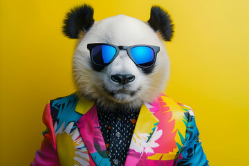 Stylish panda wearing sunglasses and a colorful suit, standing against a vibrant yellow background.