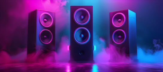 Three vibrant speakers emit colorful light in a smoky, dynamic atmosphere, perfect for music events, parties, and audio themes.