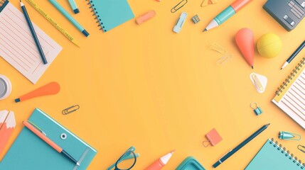 Collection of school supplies including notebooks, pencils, clips, and other stationery neatly arranged on a bright yellow background, representing preparation and organization.