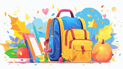An illustration of a colorful backpack filled with school supplies such as books, pencils, and stationery, with an apple and other educational elements, ready for a new school year.