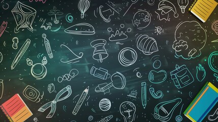 Illustration of abstract educational doodles on a chalkboard background, featuring various shapes, symbols, and objects, representing knowledge and creativity.