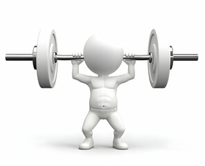 3D ed white character lifting weights, representing strength, exercise, and fitness in a simple, minimalistic style.