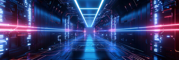 Glowing neon futuristic entrance in dark blue virtual space