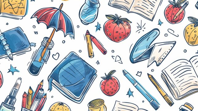 This colorful image showcases a playful doodle pattern featuring school supplies and strawberries, blending educational elements with fun and creativity in a seamless design.