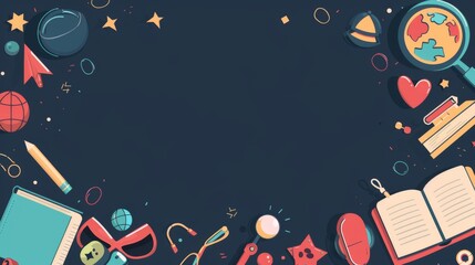 A dark background bordered by a variety of colorful and creative school supplies including globes, pencils, books, and other educational items, creating a vibrant frame.