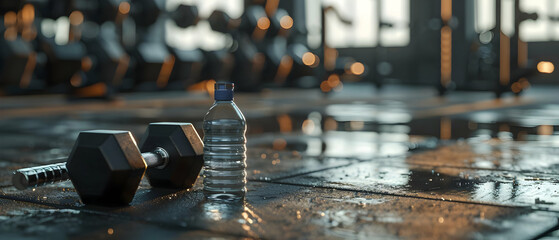 A gym interior with dumbbells and a water bottle on the floor, highlighting fitness equipment and a workout atmosphere.
