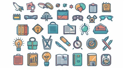 A collection of assorted school-related icons rendered in a colorful, hand-drawn style, including objects like pencils, books, light bulbs, and glasses, symbolizing knowledge.