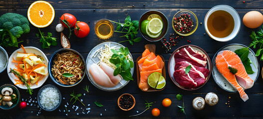 Fototapeta premium A vibrant array of fresh, healthy ingredients including meats, fish, vegetables, and spices on a dark wooden table, ready for cooking.