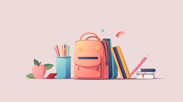 Minimalistic illustration showing a backpack, books, pencils, and an apple, symbolizing back-to-school preparation and the essentials needed for a new academic year.