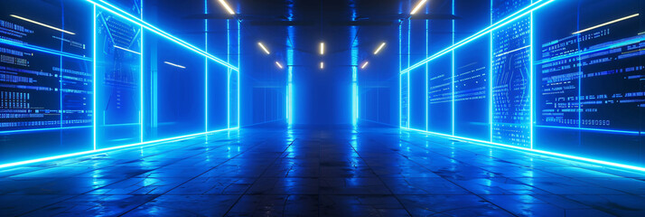 Futuristic blue neon light corridor with holographic projections for product displays