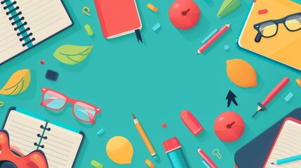 Assorted back-to-school stationery items, including notebooks, glasses, pencils, and more, spread out creatively on a vibrant turquoise background.