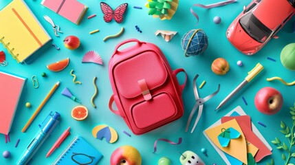 Aesthetic illustration showing neatly arranged school supplies around a red backpack, conveying readiness, organization, and excitement for the academic journey.