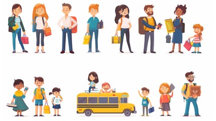 Fototapeta premium Cartoon-style image of diverse characters, children and adults, with school bags and a yellow bus, depicting the lively and diverse back-to-school atmosphere.