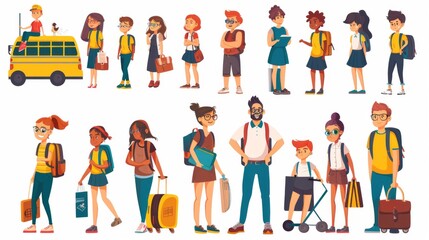 Fototapeta premium Group of diverse students boarding a yellow school bus, excited for classes, representing the diverse and dynamic nature of school life in a colorful, cheerful cartoon style.