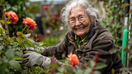 Elderly woman joyfully gardening in a vibrant garden with blooming flowers, showcasing a love for outdoor activities and nature.