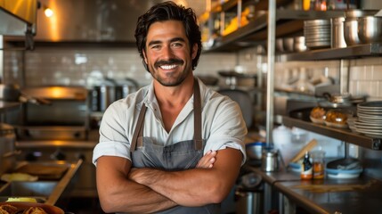 Smiling chef in a professional kitchen, ready to cook and serve delicious meals with passion and creativity.