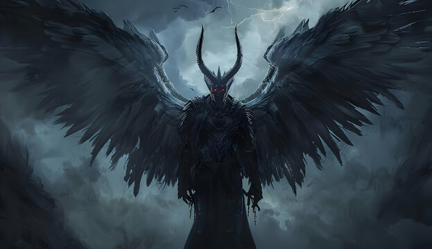 Dark winged demon standing against a stormy sky, creating an eerie and ominous atmosphere. Perfect for fantasy and horror themes.
