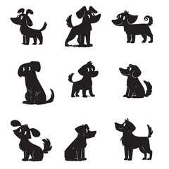 set of black dogs silhouettes on white	