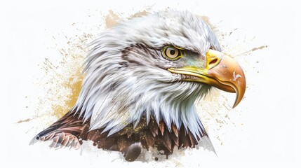 Fototapeta premium A striking illustration of a bald eagle's head showcasing its sharp features, vibrant yellow beak, and intense gaze, symbolizing power and freedom in full artistic detail.