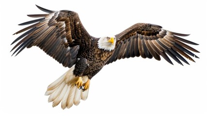 Obraz premium A majestic bald eagle is gliding effortlessly high in the sky, showcasing its impressive wingspan and sharp eyesight, a true master of the skies.
