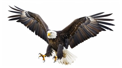 Fototapeta premium This image captures a powerful bald eagle soaring with its massive wings fully extended, embodying the spirit of freedom and strength in its natural glory.